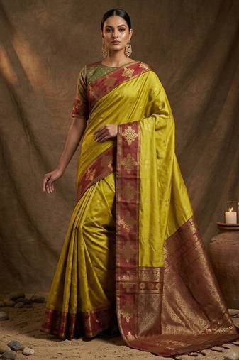 Mustard  zari woven banarasi silk blend saree with blouse piece