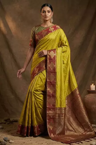 Mustard  zari woven banarasi silk blend saree with blouse piece