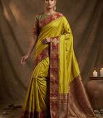 Mustard  zari woven banarasi silk blend saree with blouse piece