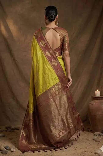 Mustard  zari woven banarasi silk blend saree with blouse piece