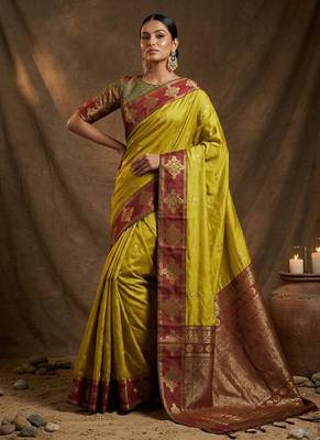 Mustard  zari woven banarasi silk blend saree with blouse piece 3