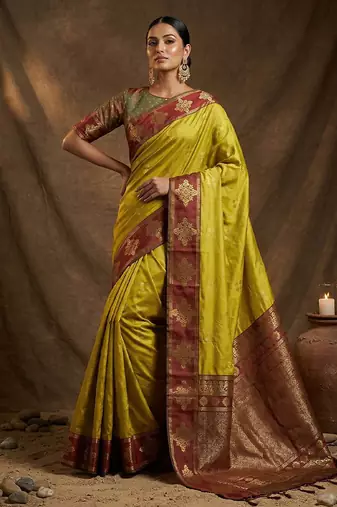 Mustard  zari woven banarasi silk blend saree with blouse piece
