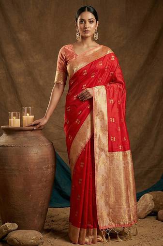 Red  zari woven banarasi silk blend saree with blouse piece