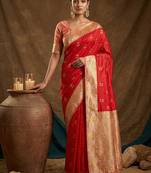 Red  zari woven banarasi silk blend saree with blouse piece