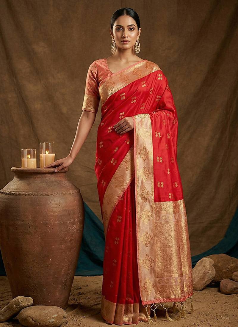 Red  zari woven banarasi silk blend saree with blouse piece