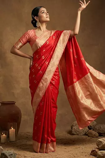 Red  zari woven banarasi silk blend saree with blouse piece