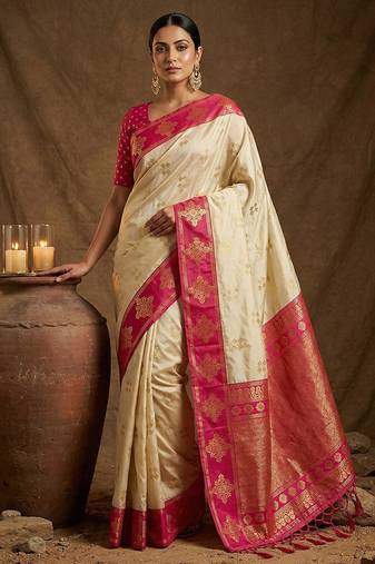 Cream  zari woven banarasi silk blend saree with blouse piece