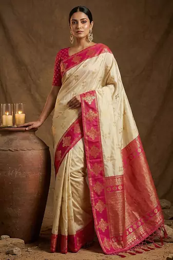 Cream  zari woven banarasi silk blend saree with blouse piece