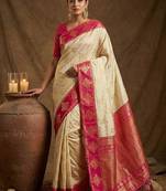 Cream  zari woven banarasi silk blend saree with blouse piece