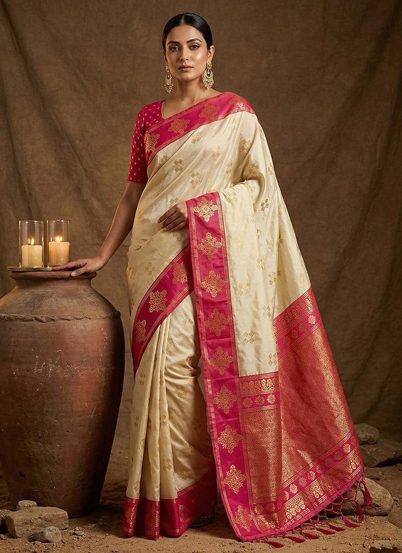 Cream  zari woven banarasi silk blend saree with blouse piece