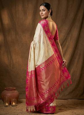 Cream  zari woven banarasi silk blend saree with blouse piece 2