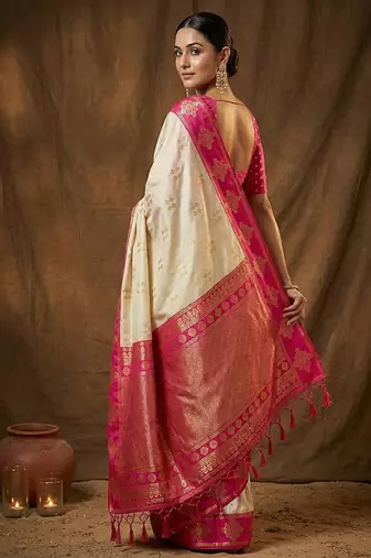 Cream  zari woven banarasi silk blend saree with blouse piece
