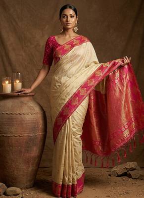 Cream  zari woven banarasi silk blend saree with blouse piece 3