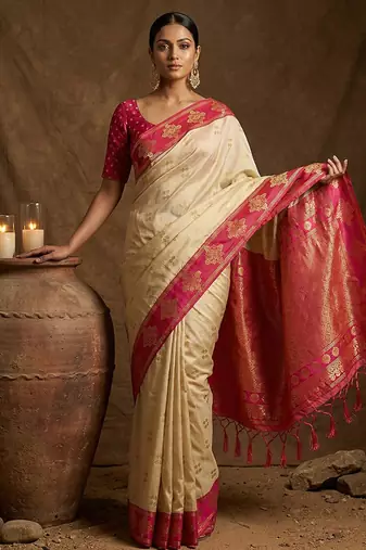 Cream  zari woven banarasi silk blend saree with blouse piece