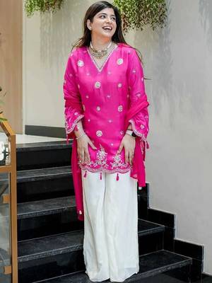 Pink designer silk blend embroidered salwar suit with nazmin dupatta 1
