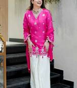 Pink designer silk blend embroidered salwar suit with nazmin dupatta