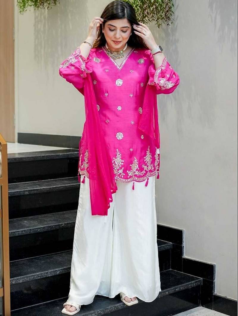 Pink designer silk blend embroidered salwar suit with nazmin dupatta
