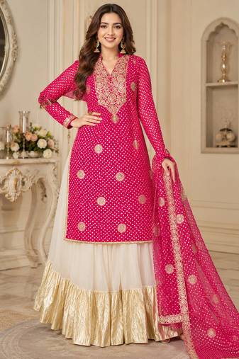 Pink fox georgette sharara suit with embroidered dupatta