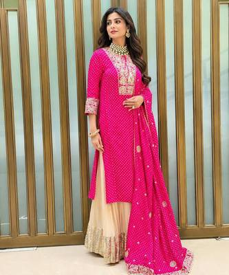 Pink fox georgette sharara suit with embroidered dupatta 2