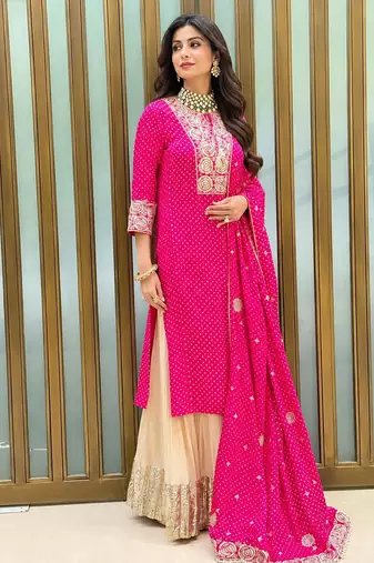Pink fox georgette sharara suit with embroidered dupatta