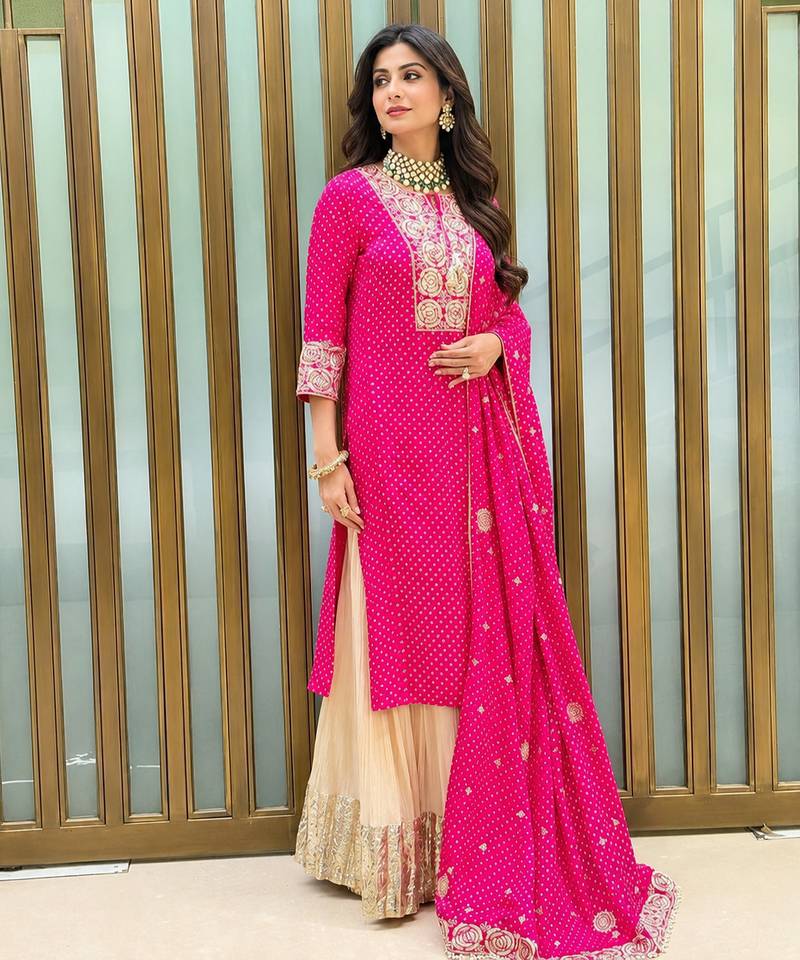 Pink fox georgette sharara suit with embroidered dupatta