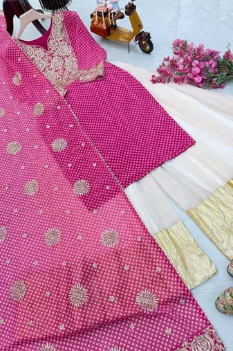Pink fox georgette sharara suit with embroidered dupatta