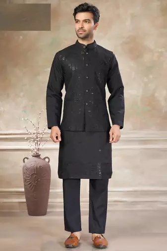 viscose with full embroidery and sequence work mens modi jacket kurta pajama