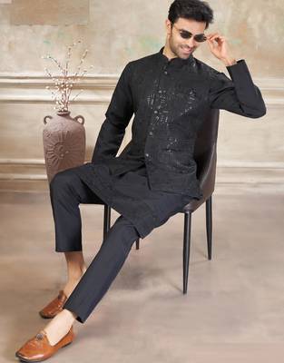 viscose with full embroidery and sequence work mens modi jacket kurta pajama 2