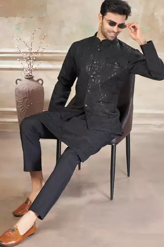 viscose with full embroidery and sequence work mens modi jacket kurta pajama
