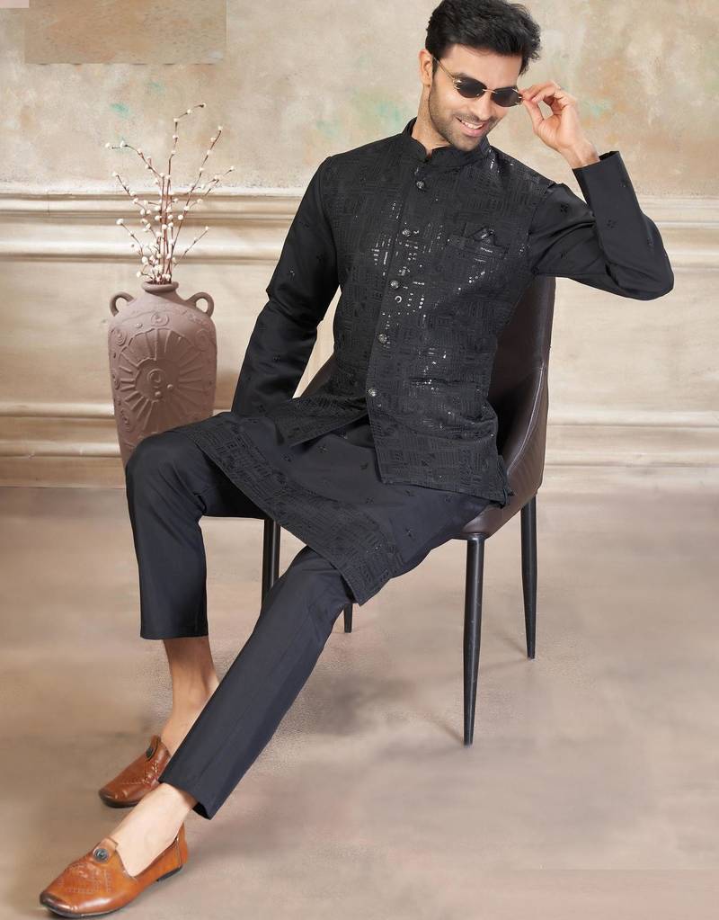 viscose with full embroidery and sequence work mens modi jacket kurta pajama