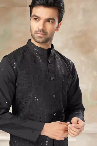 viscose with full embroidery and sequence work mens modi jacket kurta pajama