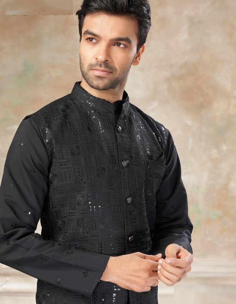 viscose with full embroidery and sequence work mens modi jacket kurta pajama