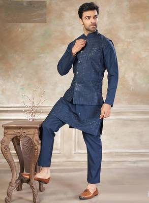 viscose with full embroidery and sequence work mens modi jacket kurta pajama 1