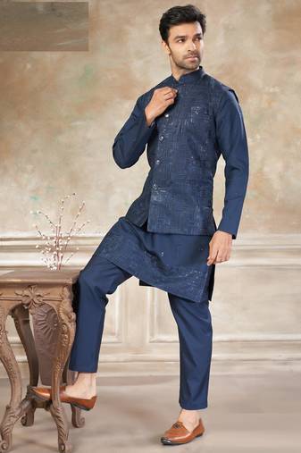viscose embroidery and sequence work mens modi jacket kurta pajama