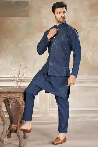 viscose with full embroidery and sequence work mens modi jacket kurta pajama