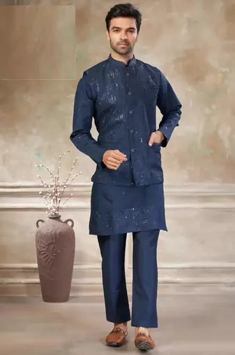 viscose with full embroidery and sequence work mens modi jacket kurta pajama