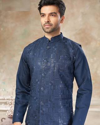 viscose with full embroidery and sequence work mens modi jacket kurta pajama 3
