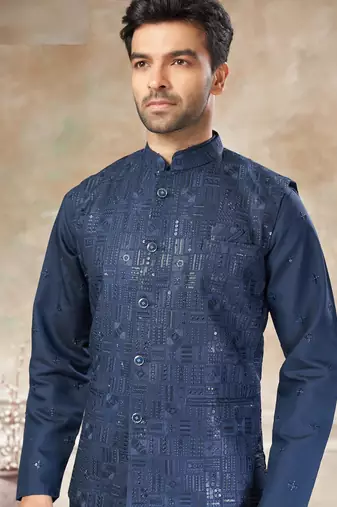 viscose with full embroidery and sequence work mens modi jacket kurta pajama