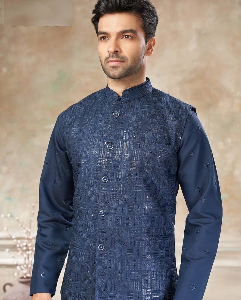 viscose with full embroidery and sequence work mens modi jacket kurta pajama