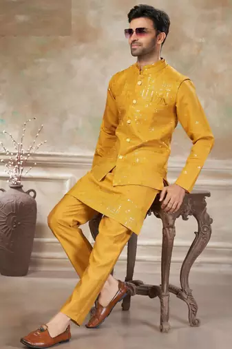 viscose with full embroidery and sequence work mens modi jacket kurta pajama