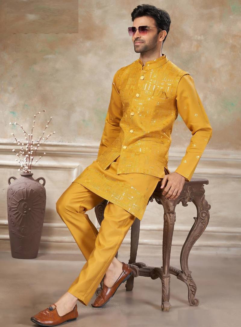 viscose with full embroidery and sequence work mens modi jacket kurta pajama