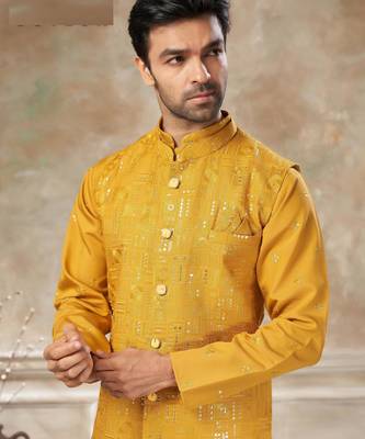 viscose with full embroidery and sequence work mens modi jacket kurta pajama 3