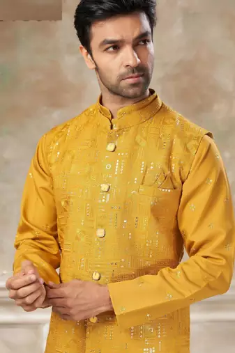 viscose with full embroidery and sequence work mens modi jacket kurta pajama