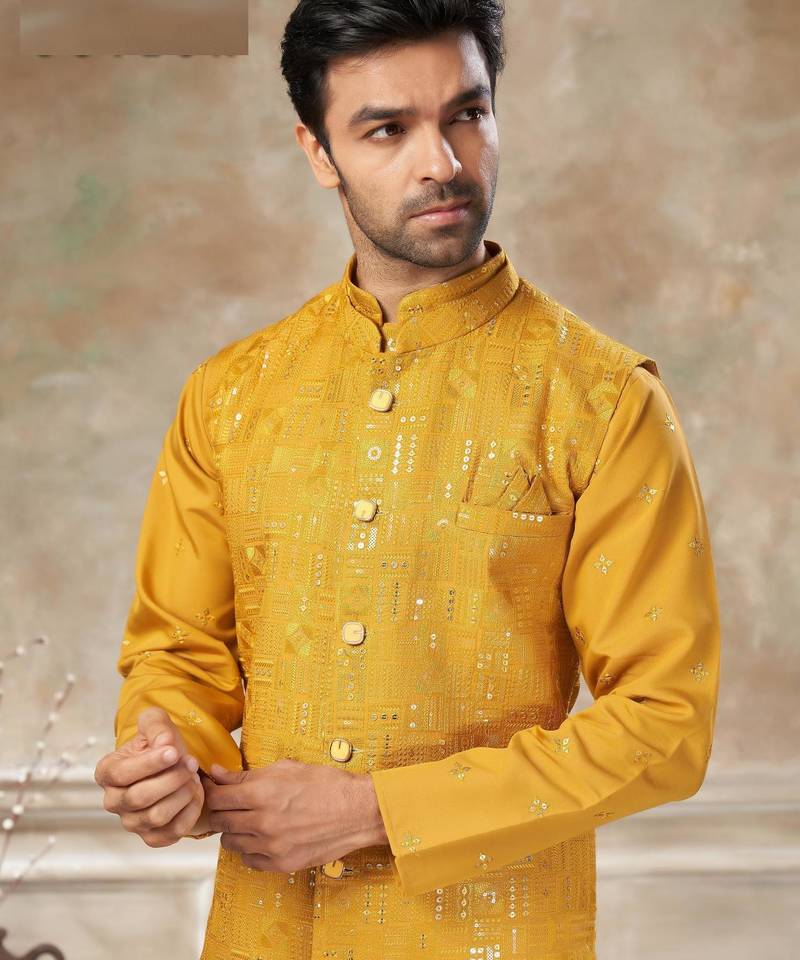 viscose with full embroidery and sequence work mens modi jacket kurta pajama