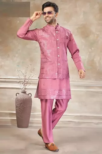 viscose with full embroidery and sequence work mens modi jacket kurta pajama