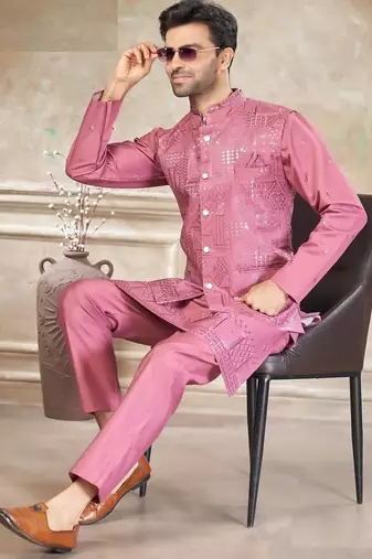 viscose with full embroidery and sequence work mens modi jacket kurta pajama