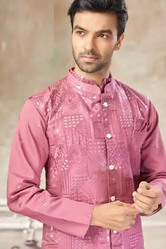 viscose with full embroidery and sequence work mens modi jacket kurta pajama