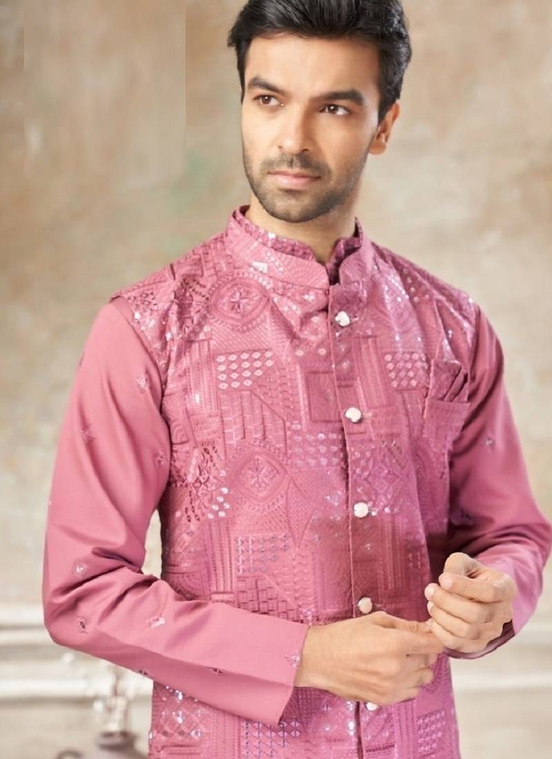 viscose with full embroidery and sequence work mens modi jacket kurta pajama