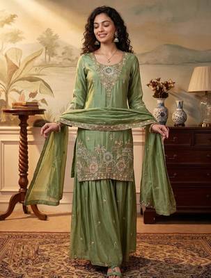 green color tissue silk blend readymade salwar suit  1