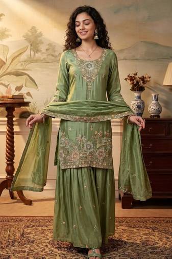 green color tissue silk blend blend readymade salwar suit 